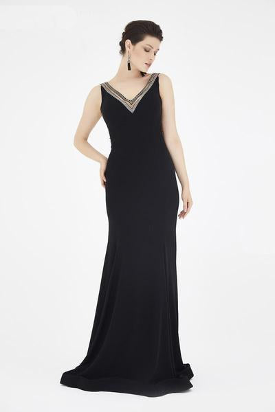 Saboroma - 4407 Metallic Striped Trimmed Sheath Gown In Black