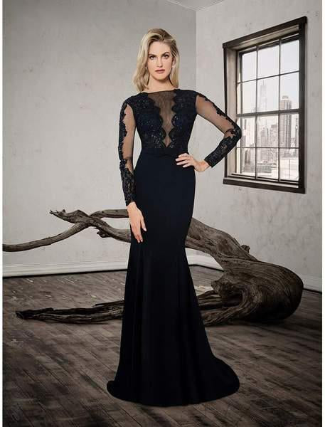 Saboroma - 4268 Scallop Trim Plunging Illusion Neck Evening Gown In Black