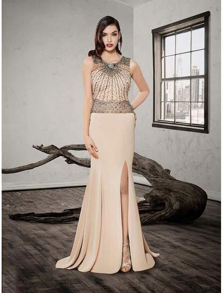 Saboroma - 4270 Beaded Embellished Sheer Overlay Mermaid Gown In Neutral