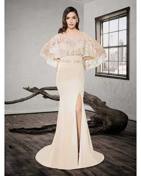 Saboroma - 4275 Embellished Bateau Trumpet Dress In Neutral