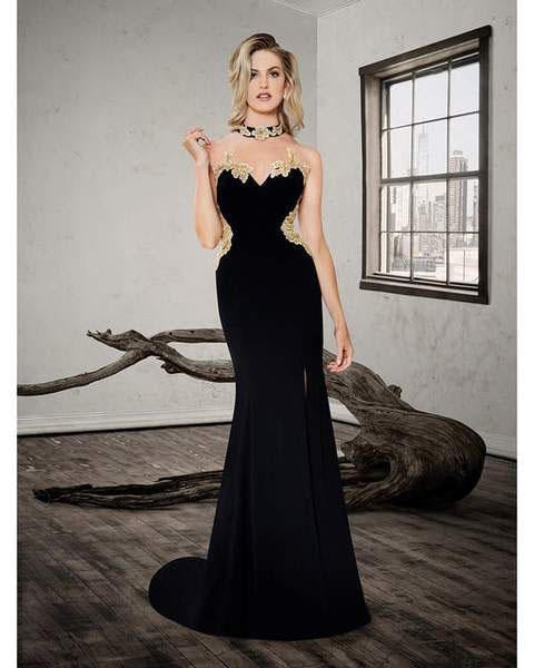 Saboroma - 4283 Applique High Halter Trumpet Dress In Black