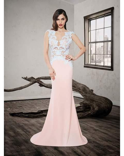 Saboroma - 4301 Lace Applique Deep V-neck Mermaid Dress In Pink