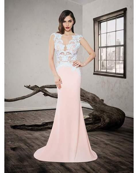 Saboroma - 4293 Lace Applique Bateau Trumpet Dress In Pink