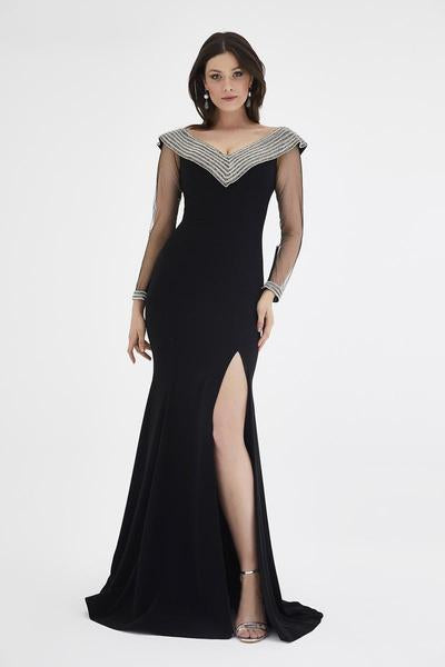 Saboroma - 4395 Illusion sleeves Embellished Off Shoulder Evening Gown In Black