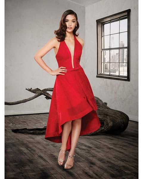Saboroma - 4313 Deep Halter V-neck High Low A-line Dress In Red