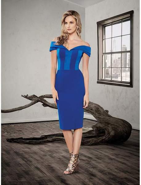 Saboroma - 4329 Striped Off-Shoulder Tea-Length Dress In Blue