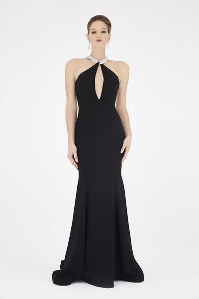 Saboroma - 4332 Striped Halter Trumpet Dress In Black