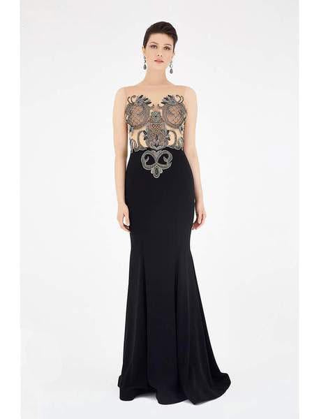 Saboroma - 4388 Embellished Illusion Bateau Trumpet Dress In Black