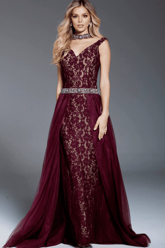 58317 Off Shoulder Bejeweled Lace Overskirt Gown