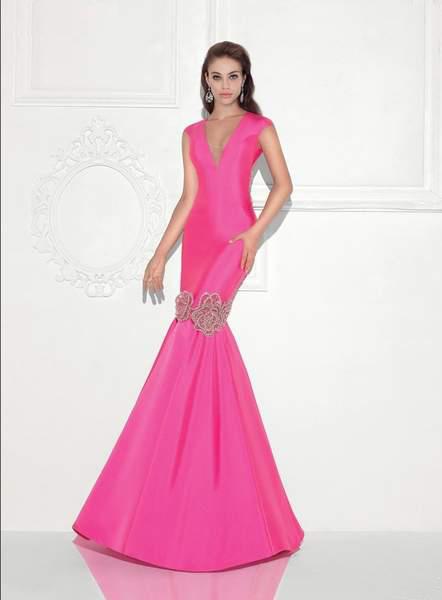 Tarik Ediz - Deep V-Neck Mermaid Gown 92729 in Fushcia