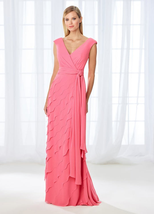 Mon Cheri Cameron Blake Cap Sleeve Wrap Tie Scalloped Evening Gown 118668 In Pink