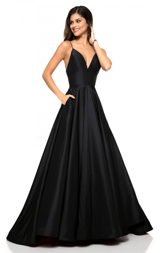 Sherri Hill - 51822 Plunging Empire Taffeta A Line Dress In Black