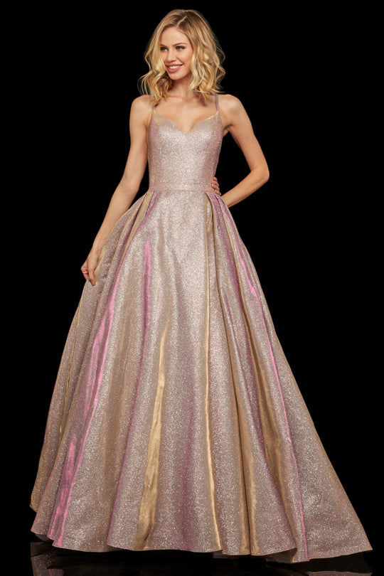 Sherri Hill - 52364 Metallic Crisscross Back Long A Line Dress In Pink and Gold