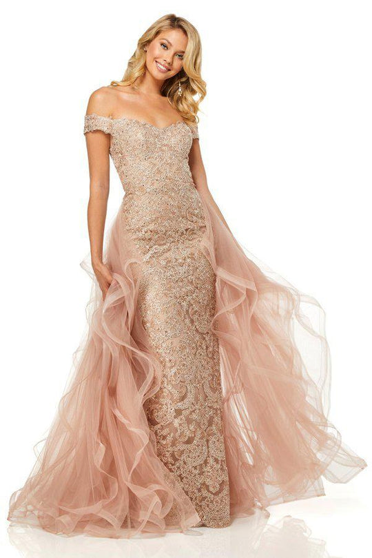 Sherri Hill - 52556 Off-Shoulder Applique Dress With Overskirt In Pink and Gold