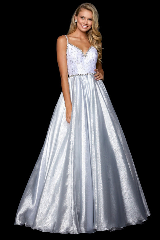 Sherri Hill - 52994 Bedazzled Plunging V-neck Ballgown In Silver