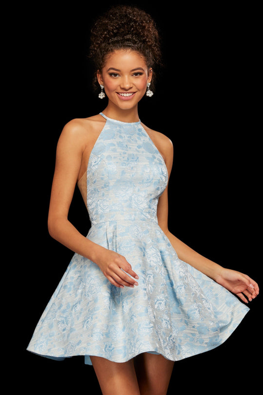 Sherri Hill - 53022 Short Halter Floral Print A-line Dress In Blue and Print