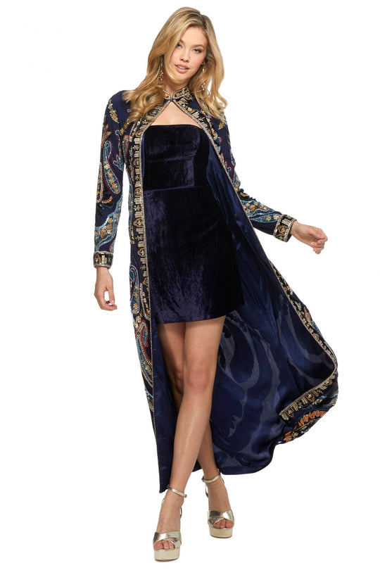 Sherri Hill - 53047 Velvet Sheath Dress With Long Sleeve Beaded Coat In Blue and Multi-Color