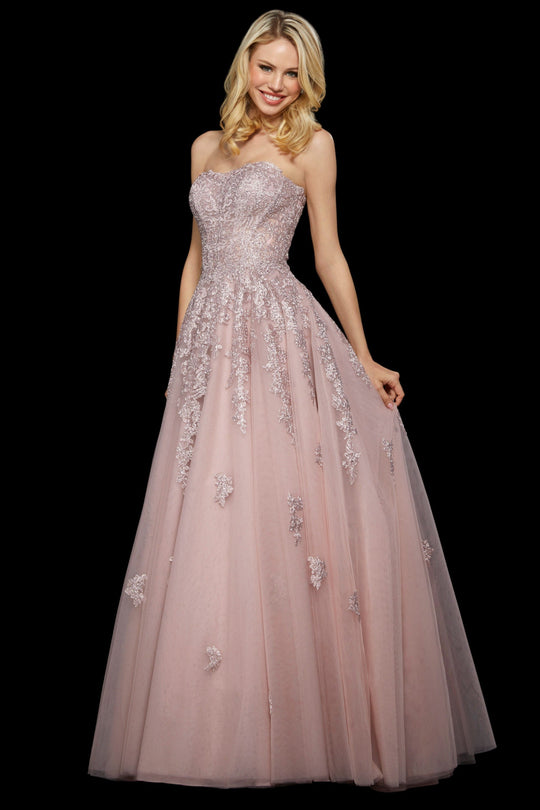 Sherri Hill - 53248 Strapless Trailing Lace Long Dress In Pink