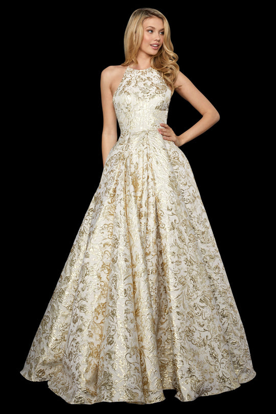 Sherri Hill - 53253 Long Halter Neck Jacquard A-line Dress In Gold