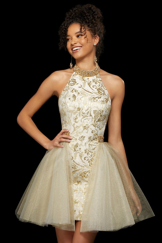 Sherri Hill - 53254 Short Beaded Jacquard Tulle A-line Dress In Gold