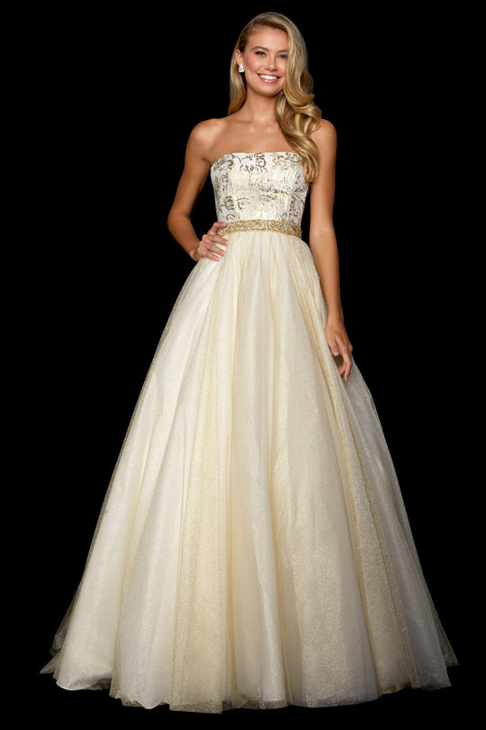 Sherri Hill - 53256 Straight Across A-line Gown In White and Gold