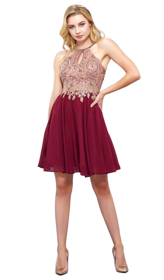 Ornate Lace Cutout Bodice Halter Dress
