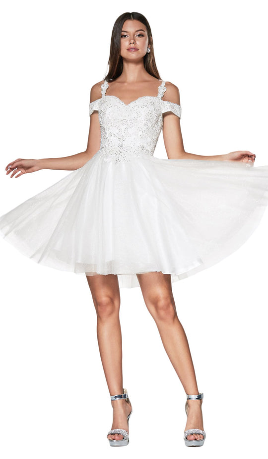 Cinderella Divine - CD0132 Cold Shoulder Glitter Tulle Cocktail Dress In White