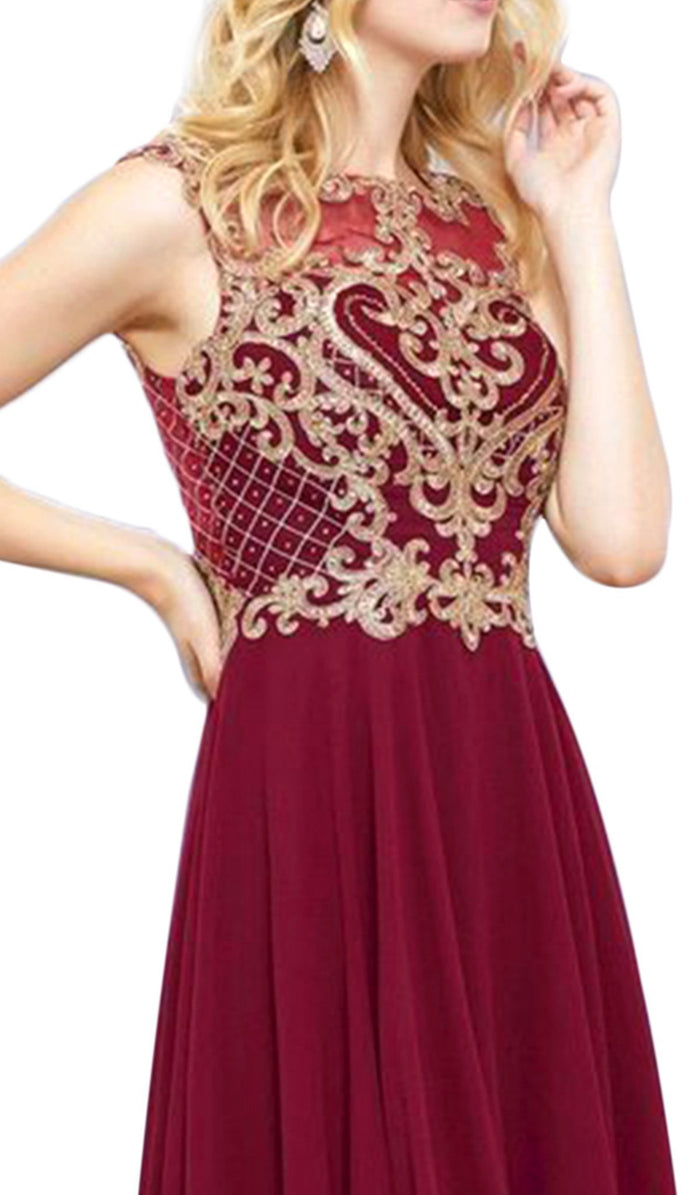 Illusion Gilded Lace Festooned A-Line Gown