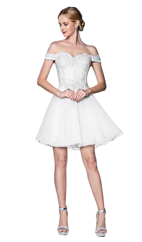 Cinderella Divine - 7259 Off Shoulder Beaded A-Line Cocktail Dress In White