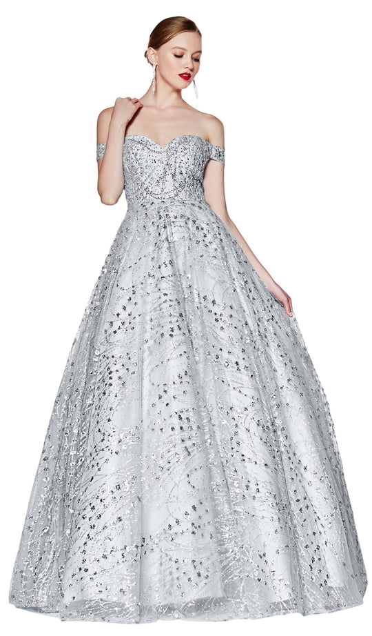 Cinderella Divine - CR837 Glitter Embellished Off-Shoulder Dress In Silver