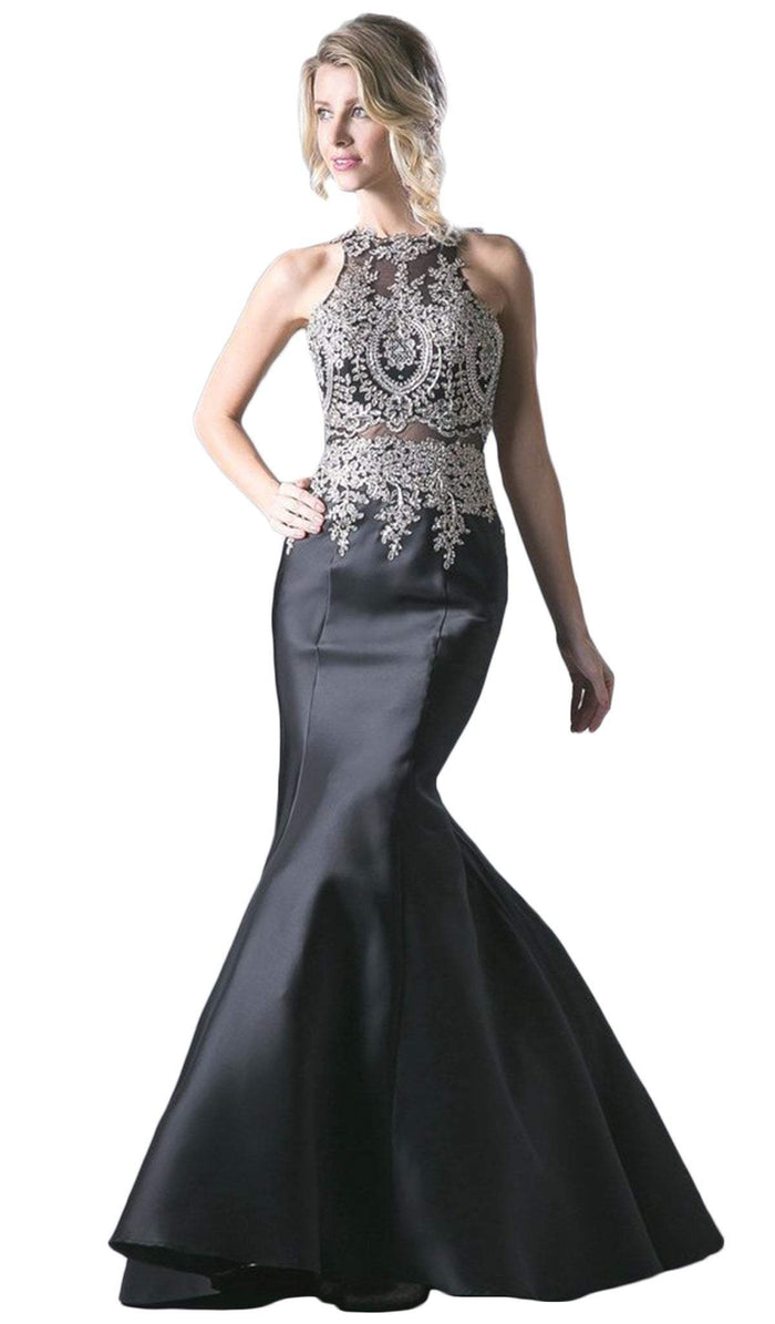 Metallic Lace Adorned High Neck Mermaid Evening Gown