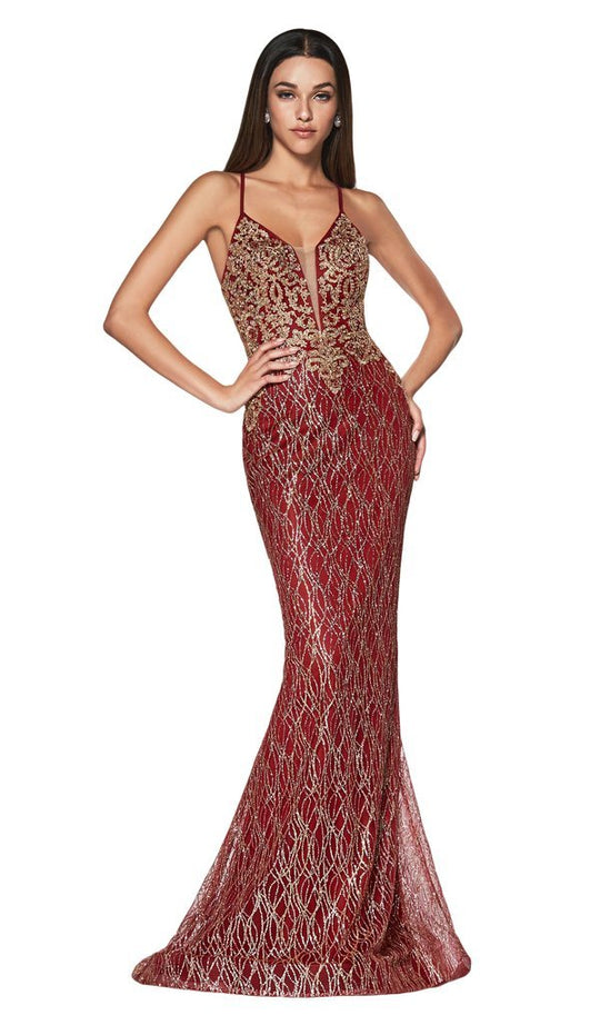 Cinderella Divine - ML934 Sleeveless V-Neck Glitter Lace Mermaid Gown In Red