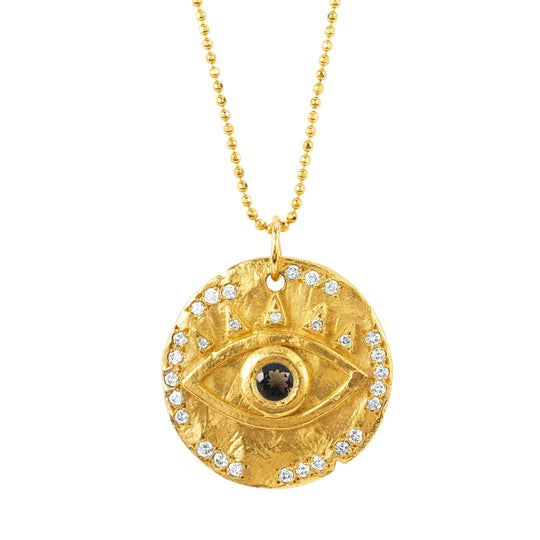 18k Smokey Quartz Eye of Protection Coin Pendant