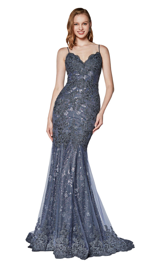 Cinderella Divine - KC887 Beaded Lace V-neck Mermaid Dress In Blue
