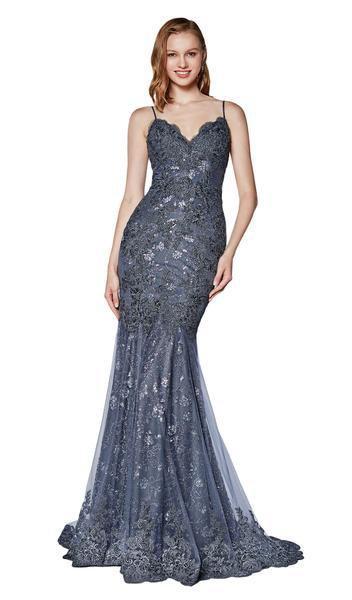 Cinderella Divine - Beaded Lace V-neck Mermaid Dress KC887 In Blue