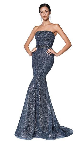 Cinderella Divine - Strapless Bead-Trimmed Glitter Mermaid Gown CJ516 In Blue