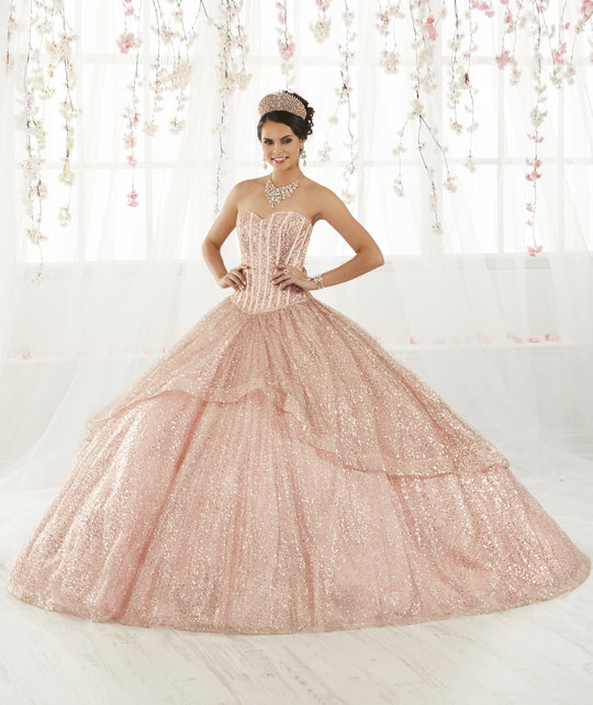 Quinceanera Collection - 26923 Strapless Beaded Boning Ballgown In Pink and Gold