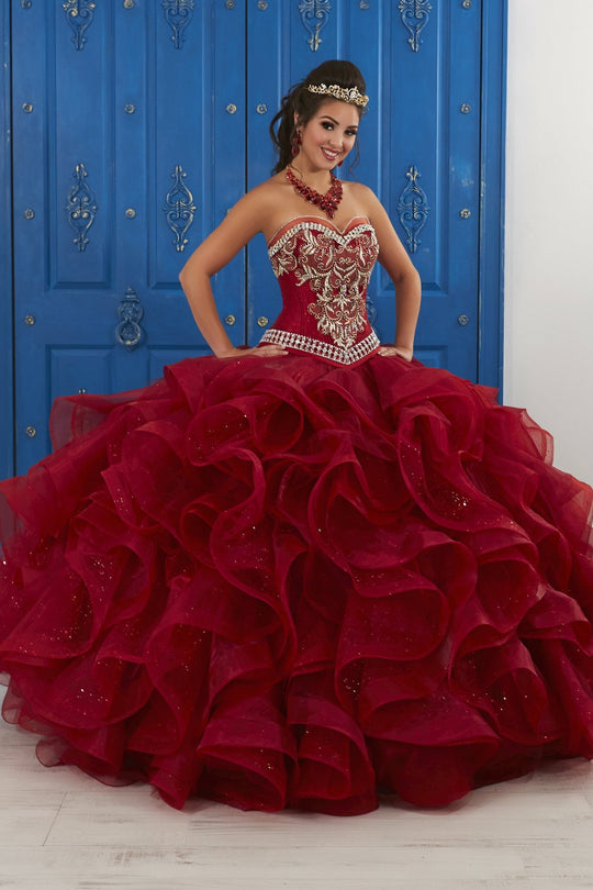 LA Glitter - 24047 Crystal Beaded Sweetheart Ruffled Ballgown In Red
