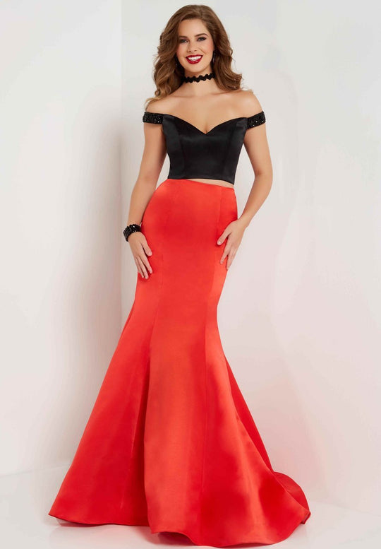 Studio 17 - 12678 Two Piece Beaded Off-Shoulder Satin Trumpet Dress In Black and Red