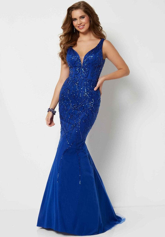 Studio 17 - 12679 Sequined Deep V-neck Tulle Trumpet Dress In Blue