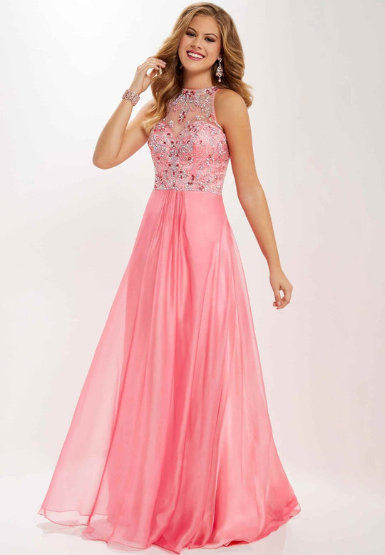 Studio 17 - 12681 Multi-Colored Beaded Illusion Halter Chiffon Dress In Pink