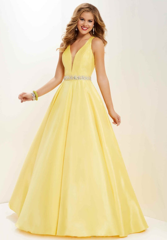 Studio 17 - 12684 Beaded Deep V-neck Shimmer Satin A-line Dress In Yellow