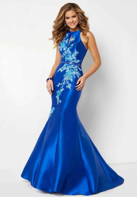 Studio 17 - 12687 Embellished Floral Lace Mikado Trumpet Dress In Blue