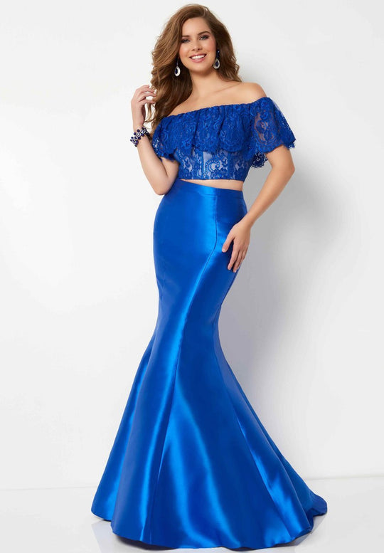 Studio 17 - 12690 Two Piece Lace Off-Shoulder Ruffle Mermaid Gown In Blue