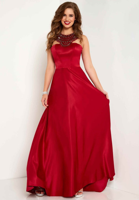 Studio 17 - 12693 Beaded Halter Satin A-line Dress In Red