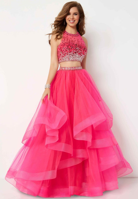 Studio 17 - 12694 Two Piece Embellished Illusion Halter Ballgown In Pink