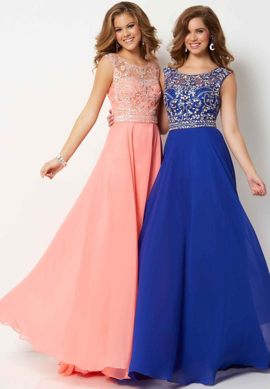 Studio 17 - 12696 Bedazzled Illusion Bateau Chiffon A-line Dress In Orange and Blue