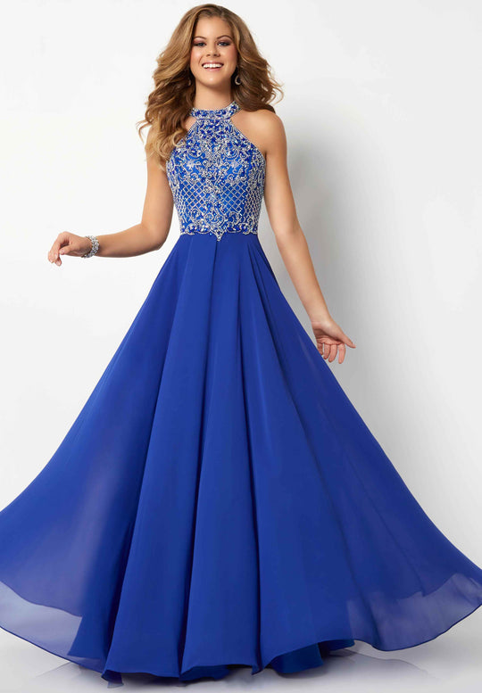 Studio 17 Lattice Jeweled High Halter Chiffon Gown 12698 - 1 pc Royal In Size 10 Available In Royal