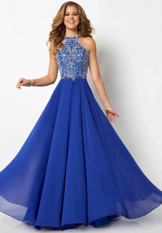 Studio 17 - 12698 Lattice Jeweled High Halter Chiffon Gown In Blue
