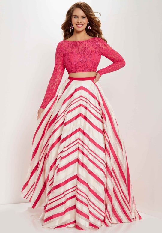 Studio 17 - 12701 Two Piece Lace Illusion Bateau Striped A-line Dress In Pink and White